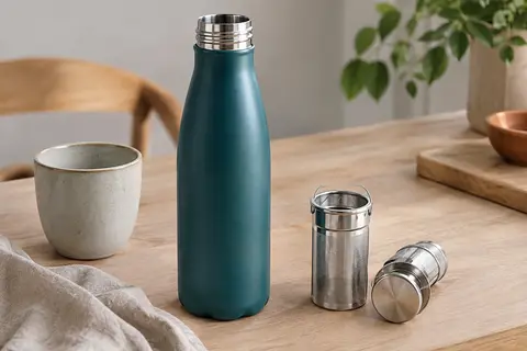 Bouteille isotherme teal en acier inoxydable avec deux infuseurs, posée sur une table en bois clair
