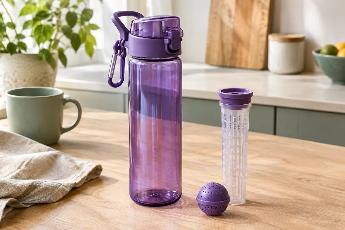 Gourde violette à infuseur de fruits avec couvercle à rabat, tige amovible et boule de gel