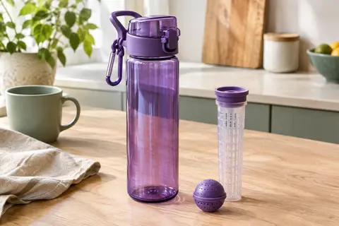 Gourde violette à infuseur de fruits avec couvercle à rabat, tige amovible et boule de gel