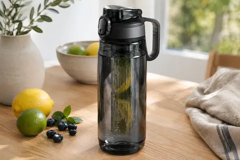 Gourde noire Willceal avec infuseur à fruits posée sur une table en bois clair