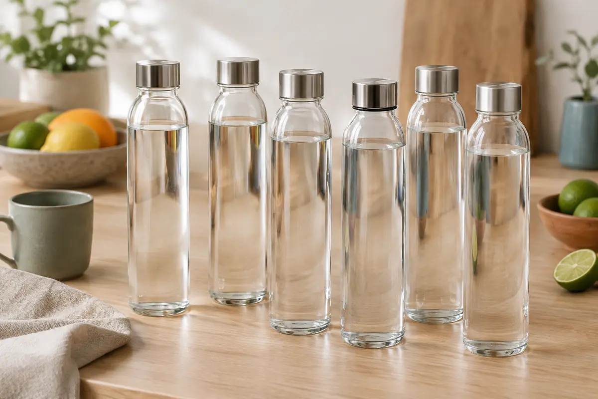 Six bouteilles transparentes en verre avec bouchons en acier inoxydable posées sur une table en bois clair.