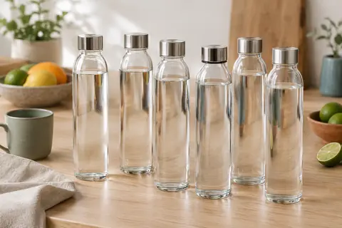 Six bouteilles transparentes en verre avec bouchons en acier inoxydable posées sur une table en bois clair.
