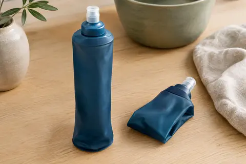 Deux flasques souples de running bleu foncé, avec embouts en silicone, sur une table en bois clair.