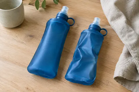 Deux flasques de course bleues, souples, avec valve à mordre et anneau de suspension.