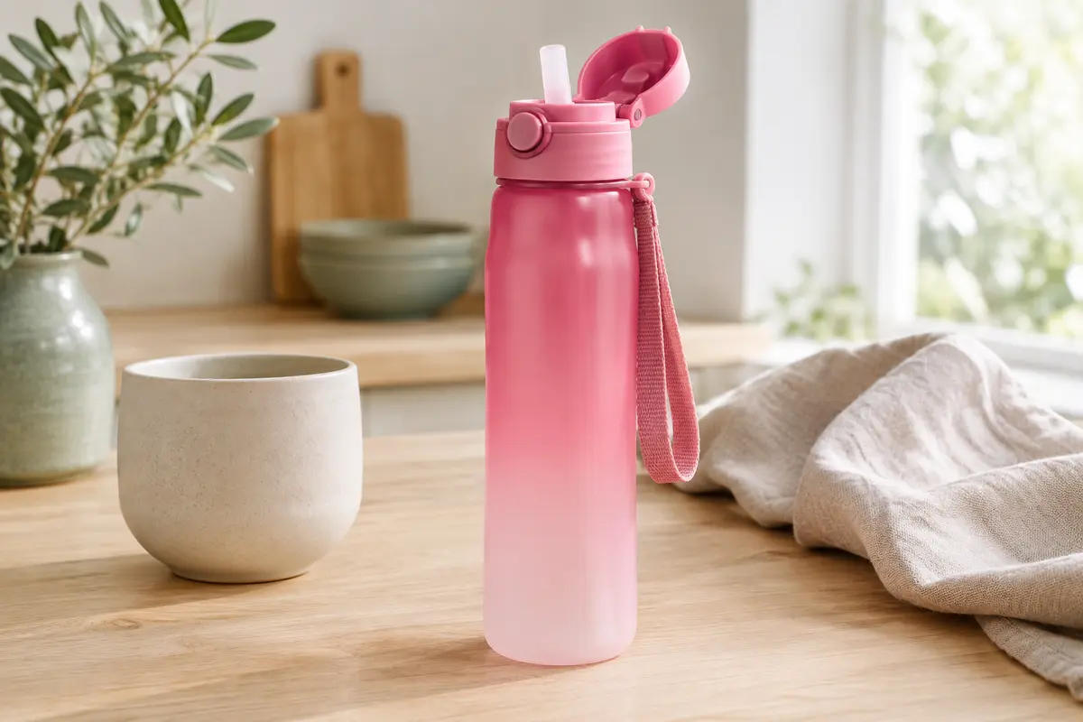 Gourde de sport en plastique rose dégradé avec paille, couvercle rabattable et sangle de transport