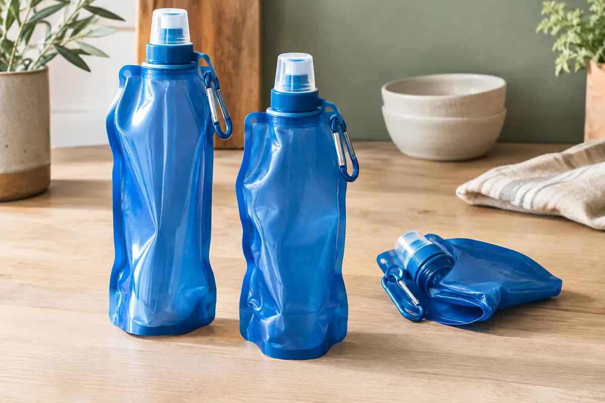 Trois bouteilles souples pliables bleues avec bouchons et mousquetons, posées sur une table en bois clair.