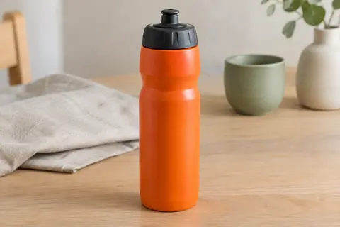 Bidon vélo isotherme orange Zefal Arctica posé sur une table en bois clair dans une lumière douce.