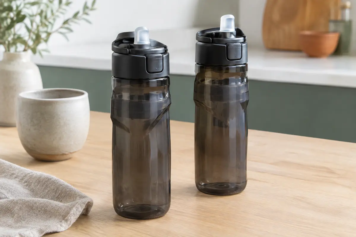 Deux bidons de vélo Zefal noir fumé, à corps souple et tétines en silicone, posés sur une table en bois clair.