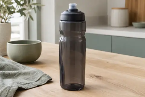 Bidon de vélo noir fumé avec tétine souple, posé sur une table en bois clair.