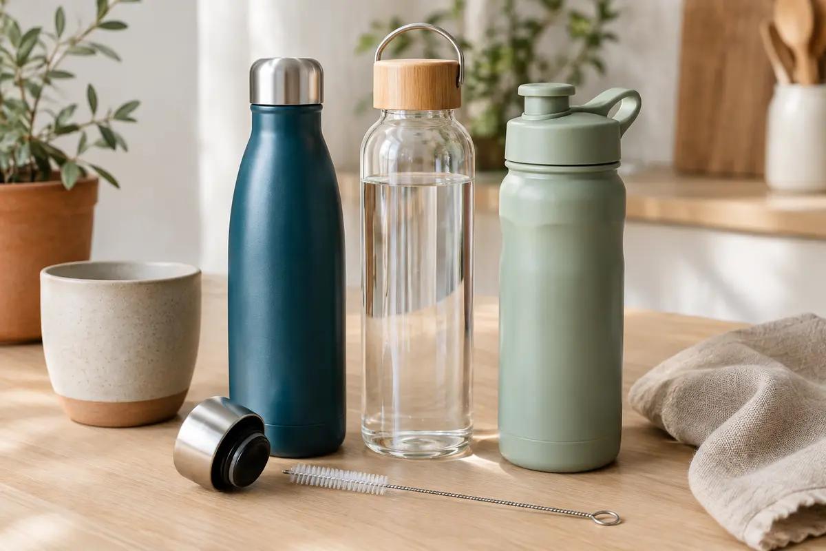 Gourdes réutilisables de formes différentes posées sur une table claire avec leurs accessoires